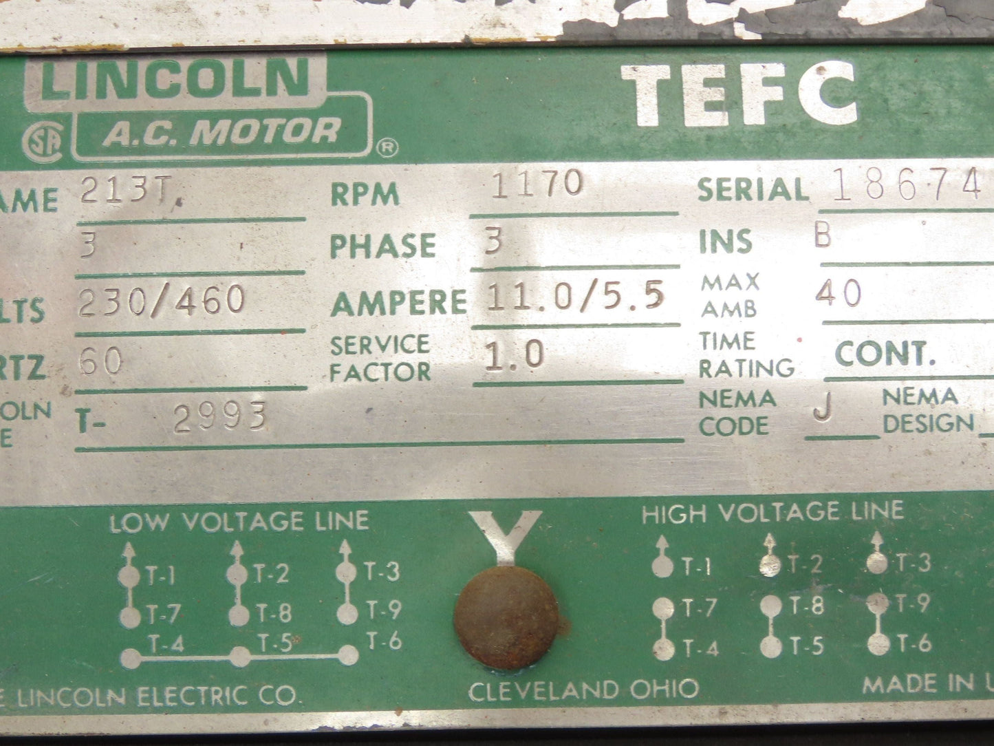Lincoln T-2993 AC Motor 3Hp 1170rpm 230/460v 3ph 213T TEFC