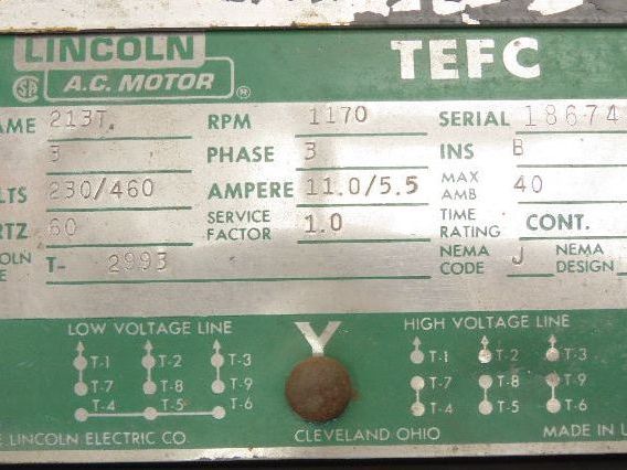 Lincoln T-2993 AC Motor 3Hp 1170rpm 230/460v 3ph 213T TEFC
