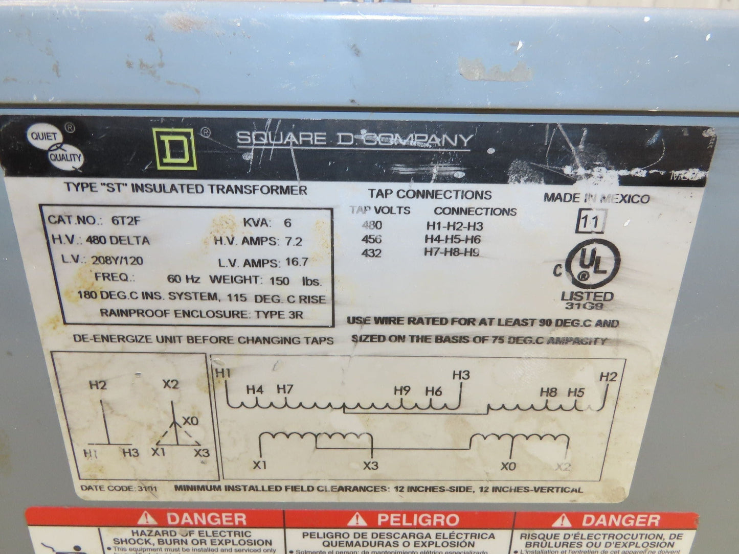 Square D 6T2F Type ST Insulated Transformer 6kVA 480v 7.2A Hi 208/120v 16.7A Lo