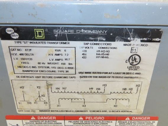 Square D 6T2F Type ST Insulated Transformer 6kVA 480v 7.2A Hi 208/120v 16.7A Lo