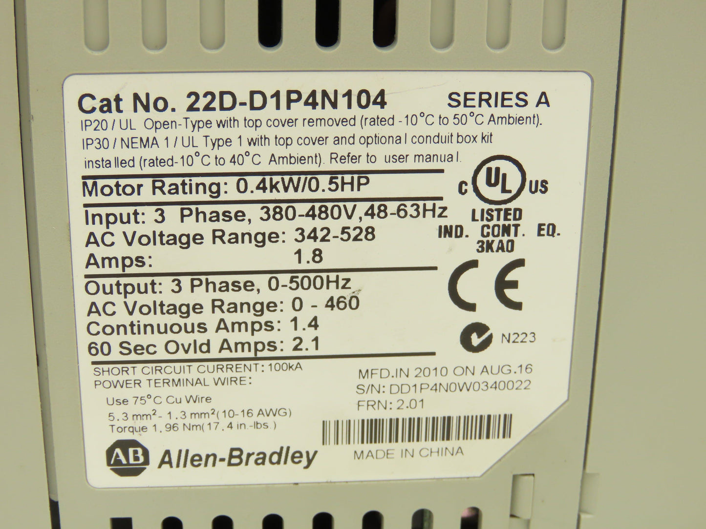 Allen Bradley 22D-D1P4N104 PowerFlex 40P VFD 3Ph 0.5Hp 460v 1.4A 500Hz