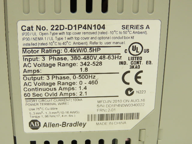 Allen Bradley 22D-D1P4N104 PowerFlex 40P VFD 3Ph 0.5Hp 460v 1.4A 500Hz