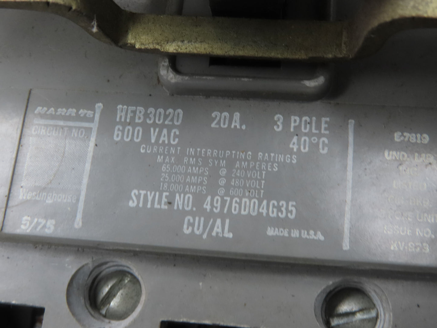 Westinghouse Busway Disconnect Switch Bus Plug 20A 600VAC 3PH 3W