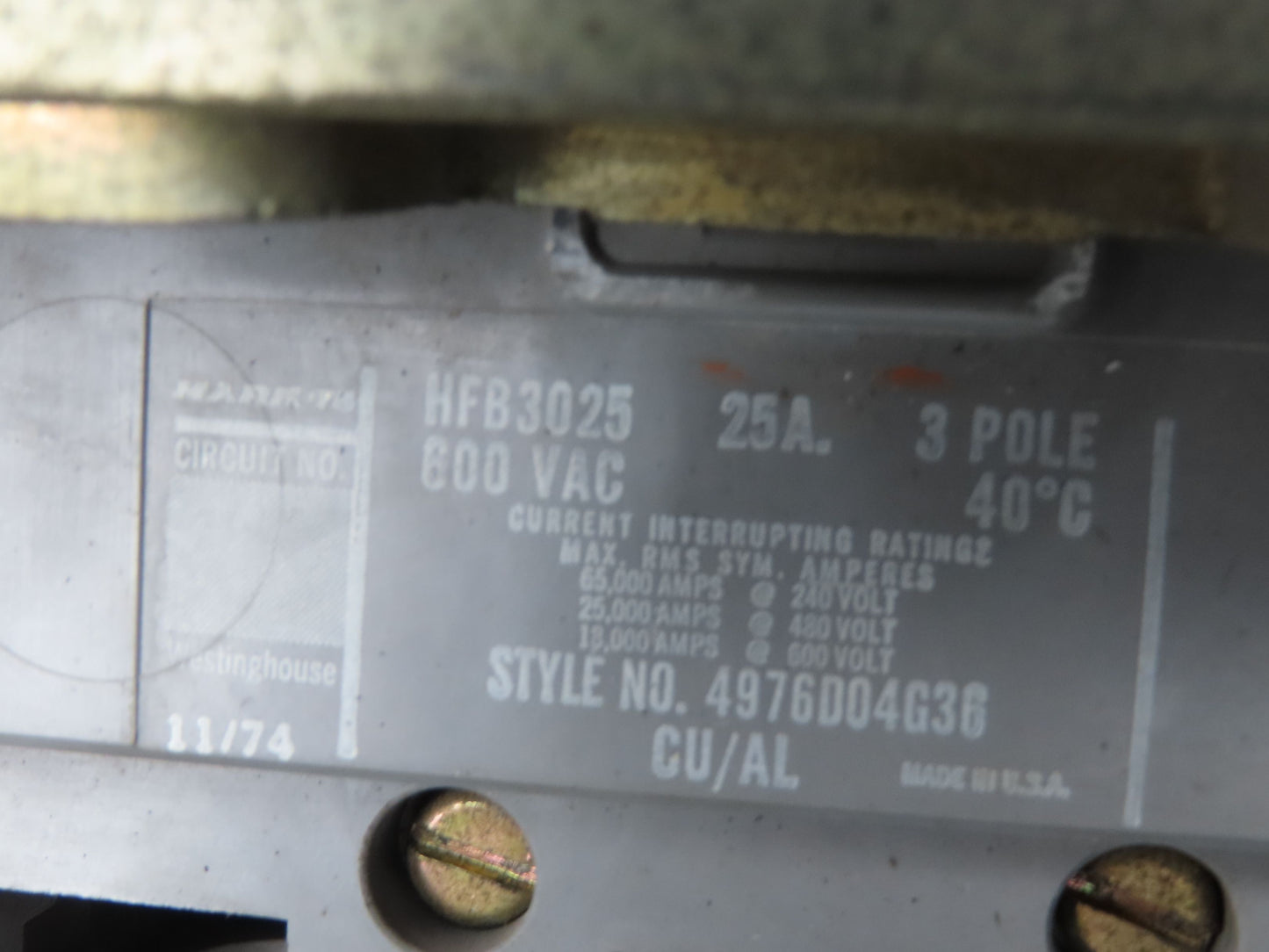 Westinghouse Busway Disconnect Switch Bus Plug 25A 600VAC 3PH 3W