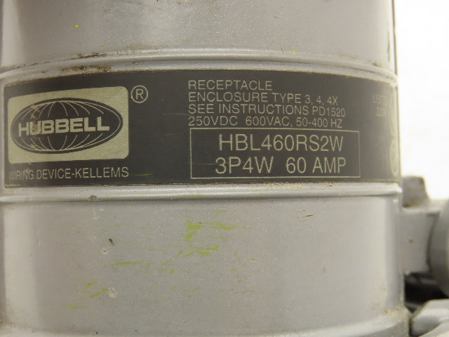 Hubbell HBL460RS2W Receptacle 60A 250VDC 600VAC 3 Pole 4 Wire & Angle Back Box