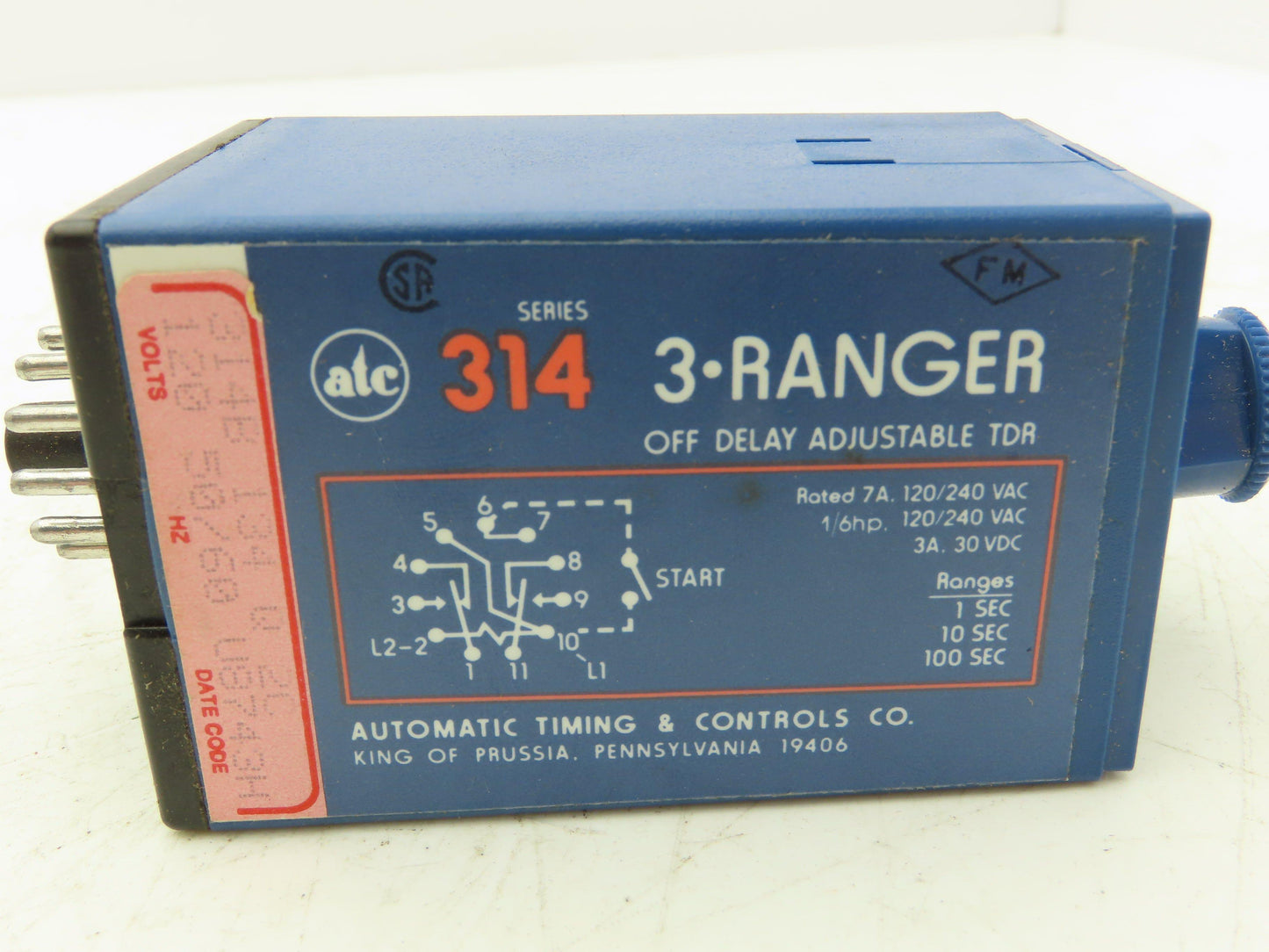 ATC 314 3-Ranger Off Delay Adjustable TDR 120vAC 60Hz 0-100 Seconds