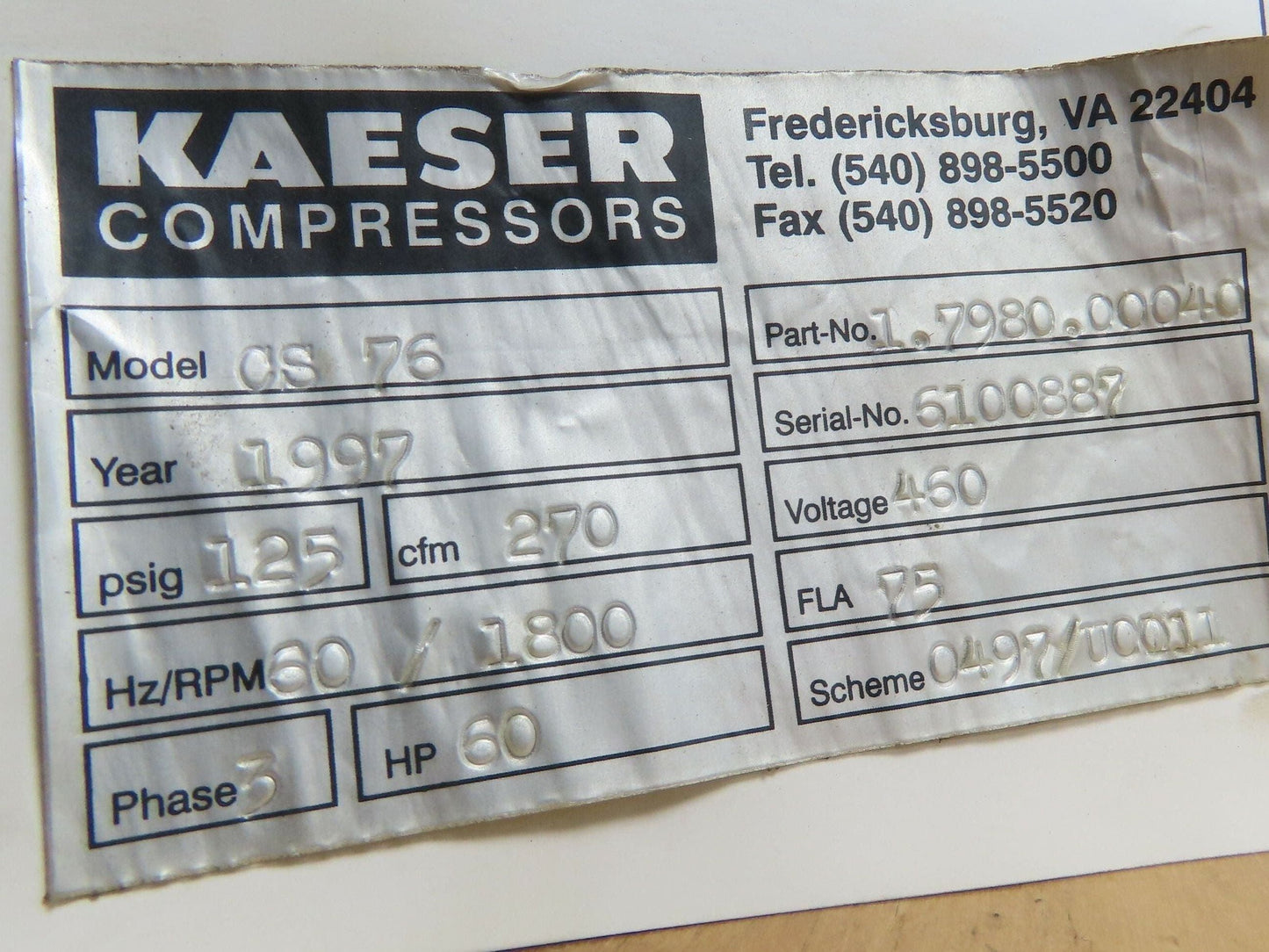 Schorch KA7225M-BB01Z-172 Kaeser Compressor Motor 60Hp 75A 460V 3PH IEC 225M