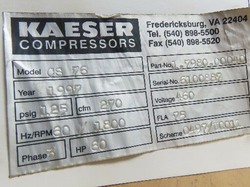 Schorch KA7225M-BB01Z-172 Kaeser Compressor Motor 60Hp 75A 460V 3PH IEC 225M
