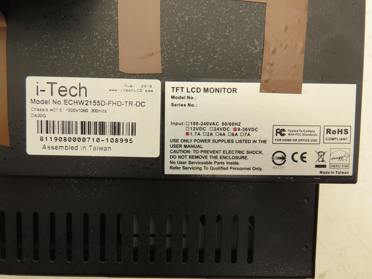 i-Tech ECHW2155D-FHD-TR-DC Industrial TFT LCD Display 21.5" 9-36vDC VGA 300 nits