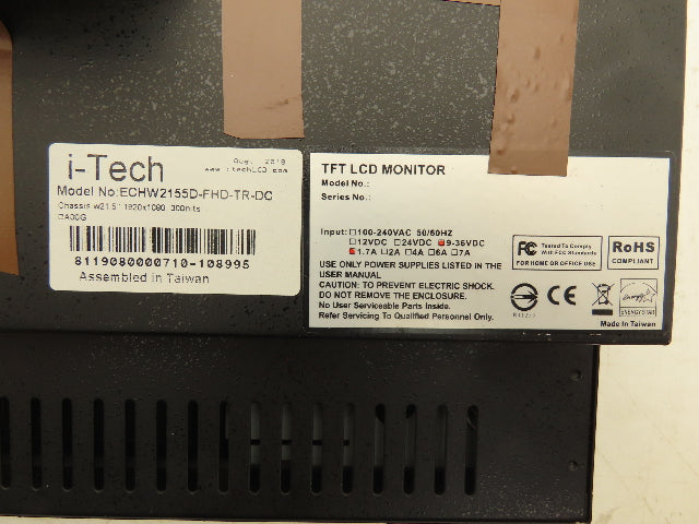 i-Tech ECHW2155D-FHD-TR-DC Industrial TFT LCD Display 21.5" 9-36vDC VGA 300 nits