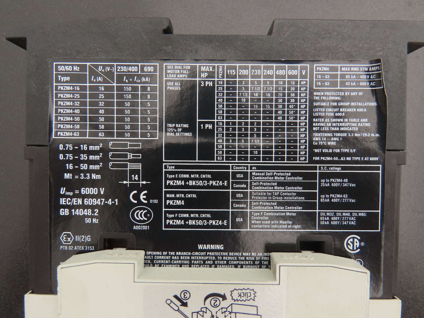 Moeller PKZM4-25 Manual Motor Starter 16-25A 20Hp 600vAC 3Ph