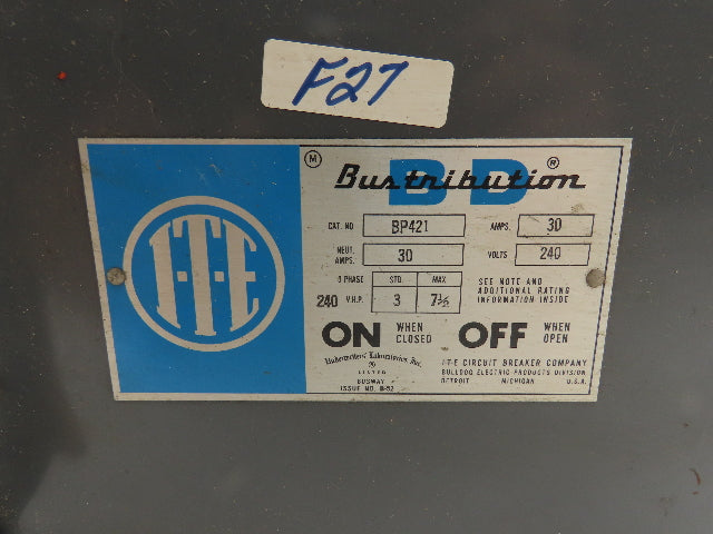 ITE BP 421 Bus Plug 30A 240V 4-Pole 3-Fuse 3Hp Standard 7-1/2Hp Max