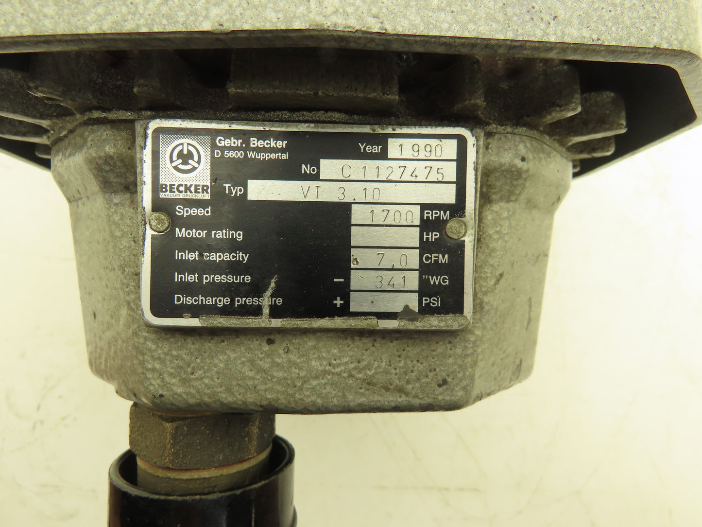 Becker VT 3.10 Vacuum Pump 1700rpm 7cfm 341" H2O 3Ph 460v Oil-less