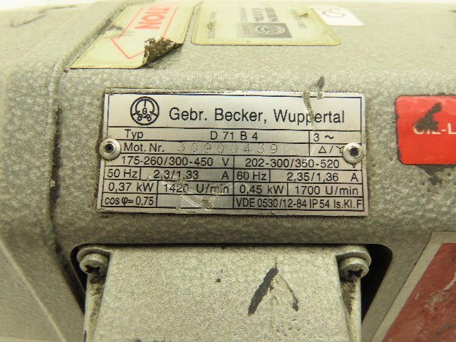 Becker VT 3.10 Vacuum Pump 1700rpm 7cfm 341" H2O 3Ph 460v Oil-less