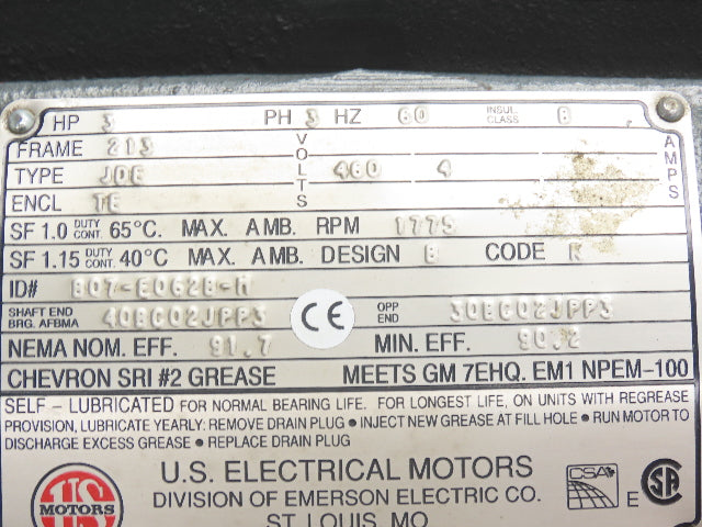 US Motors B07-E062B-M AC Motor 3Hp 1750 RPM 460V 3PH 213 Frame Type JDE