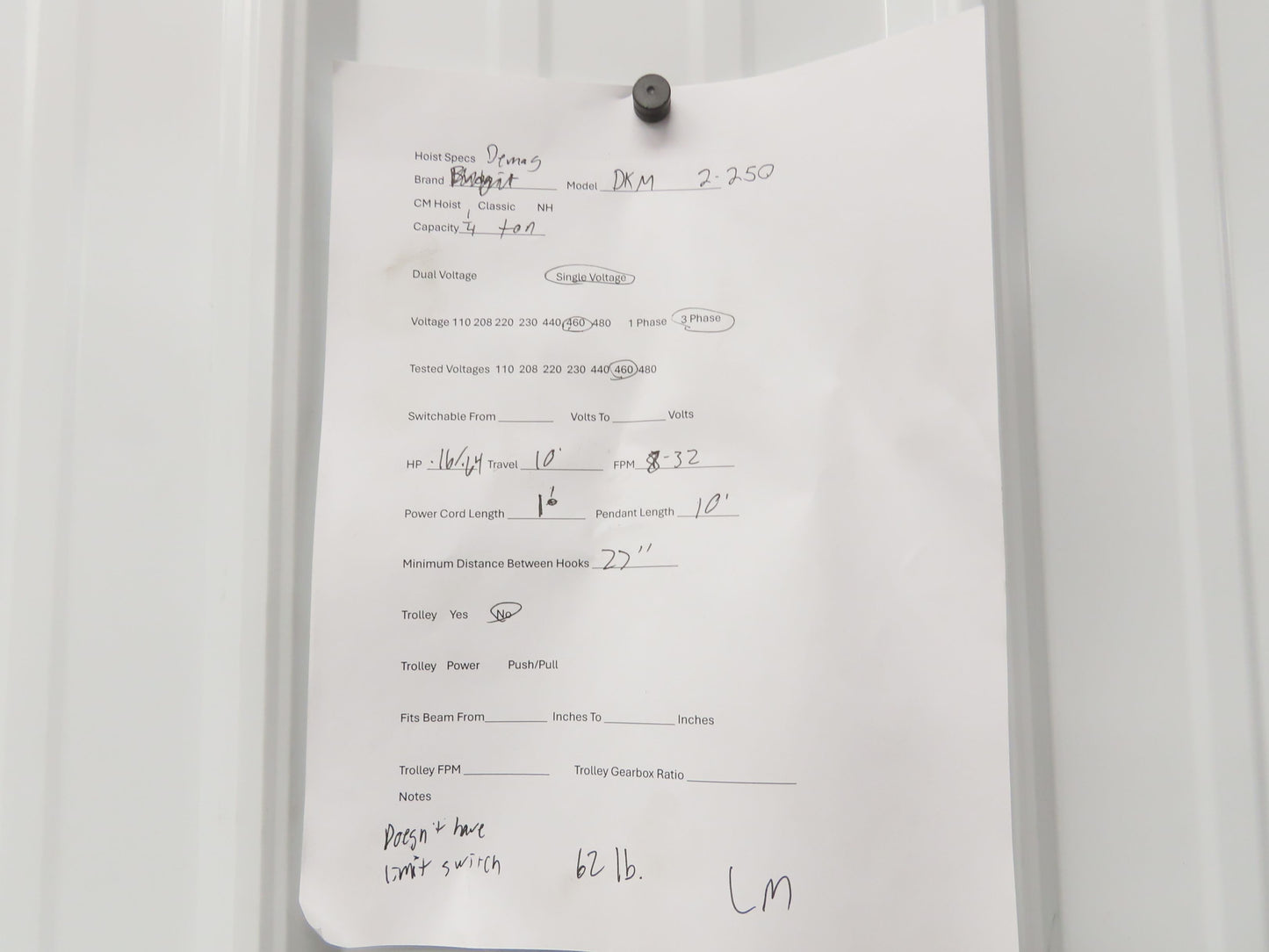 Demag DKM 1/4 Ton 500 LB Electric Chain Hoist 10' Lift 8/32 FPM 2 Speed 460V