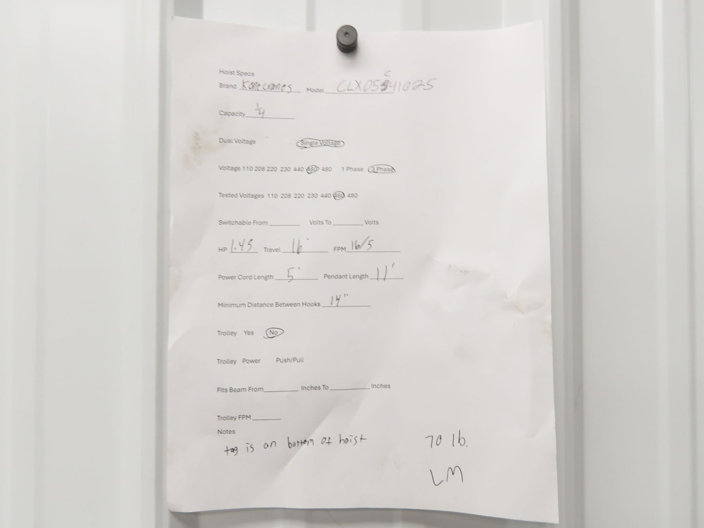 Kone Cranes 1/4 Ton Electric Chain Hoist 16' Lift 16/5 FPM 2 Speed 460 Volt 3PH