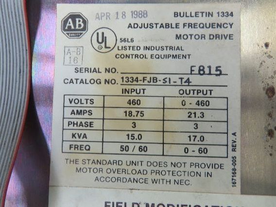 Allen Bradley 1334-FJB VFD Adjustable Frequency Drive 15Hp 460V 21A 3Ph Reman