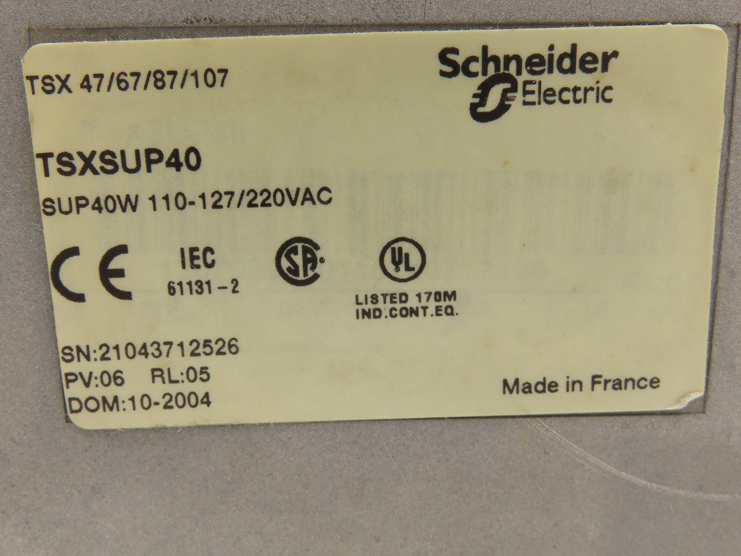 Telemecanique TSX SUP 40 Power Supply 120/240v 1Ph 60Hz In 24vDC 2A 40W Out