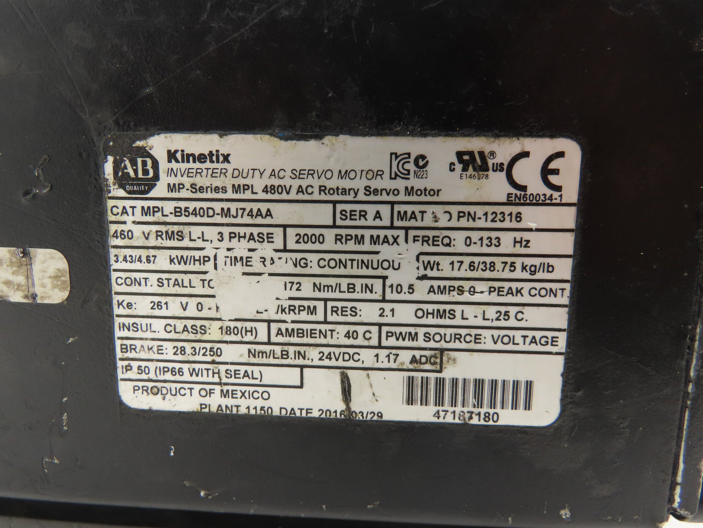 Allen Bradley MPL-B540D-MJ74AA Kinetix AC Servo Motor 4.67Hp 2000 RPM 460V 3PH
