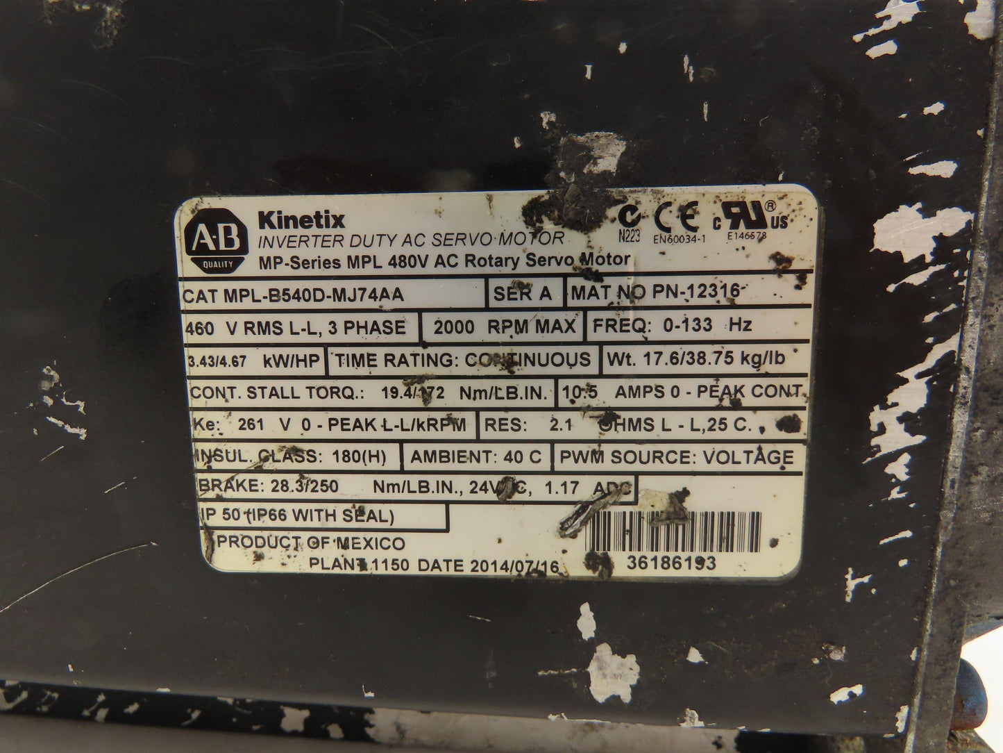 Allen Bradley MPL-B540D-MJ74AA Kinetix AC Servo Motor 4.67Hp 2000 RPM 460V 3PH