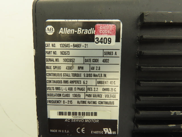 Allen Bradley 1326AS-B460F-21 AC Servo Motor 2.8kW 4300 RPM 460V 3PH
