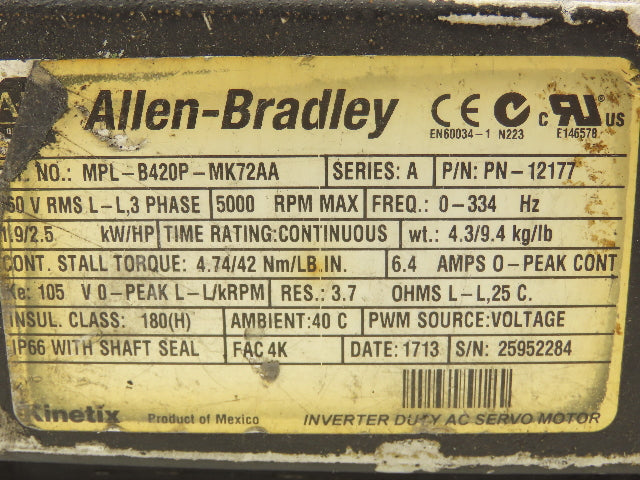 Allen Bradley MPL-B420P-MK72AA AC Servo Motor 2.5Hp 5000 RPM 460V 3PH