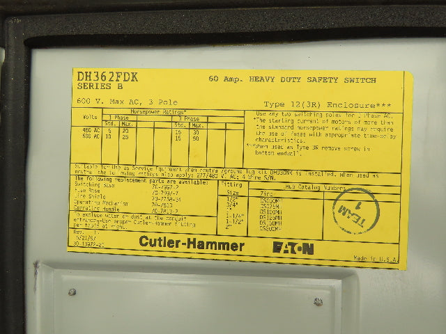 Cutler Hammer DH362FDK Eaton Safety Disconnect Switch 60A 600V Non-Fusible