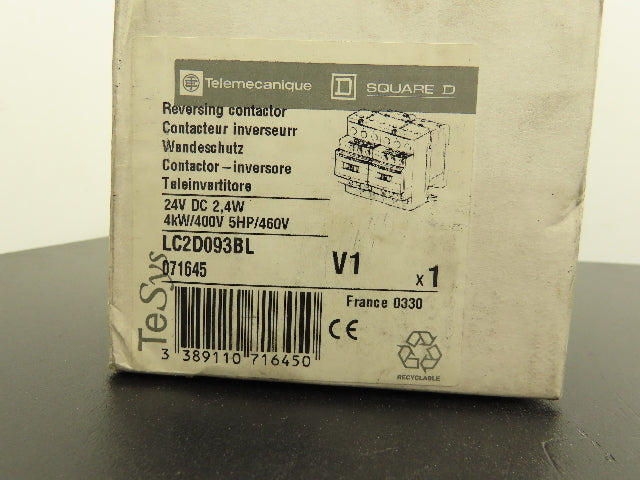 Schneider Electric LC2D093BL Reversing Contactor 3-Pole 5Hp 460V 3PH 24VDC Coil