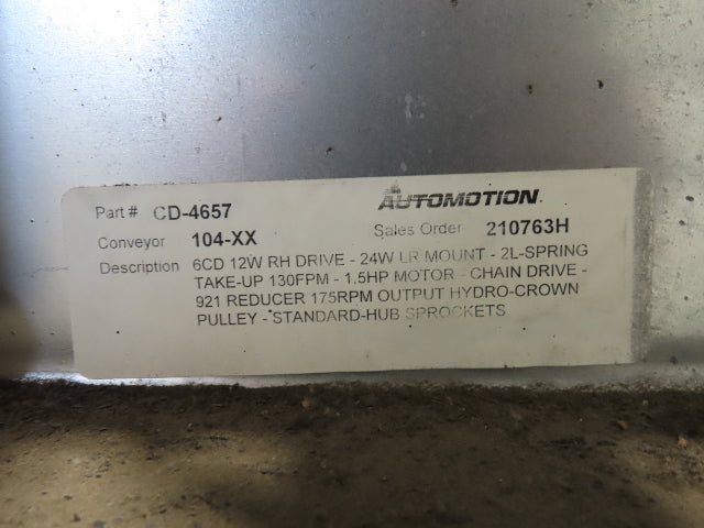 Automotion 24"x 45' Belt Drive Zero Pressure Roller Conveyor 460V Center Drive