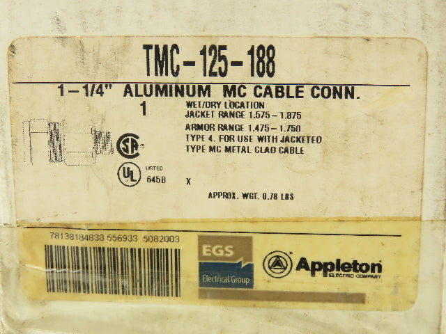 Appleton EGS TMC-125-188 Aluminum Metal Clad Cable Connector 1-1/4" Lot of 6