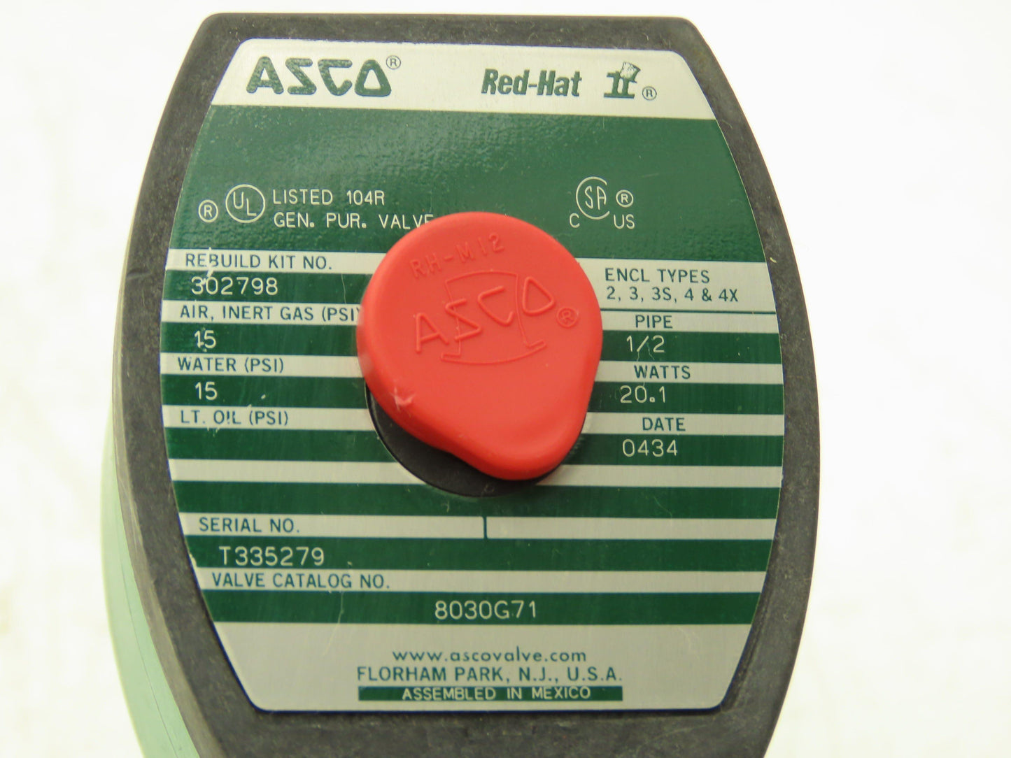 Asco Redhat 8030G71 Solenoid Valve 2 Way 15 PSI 1/2 NPT NO 120V