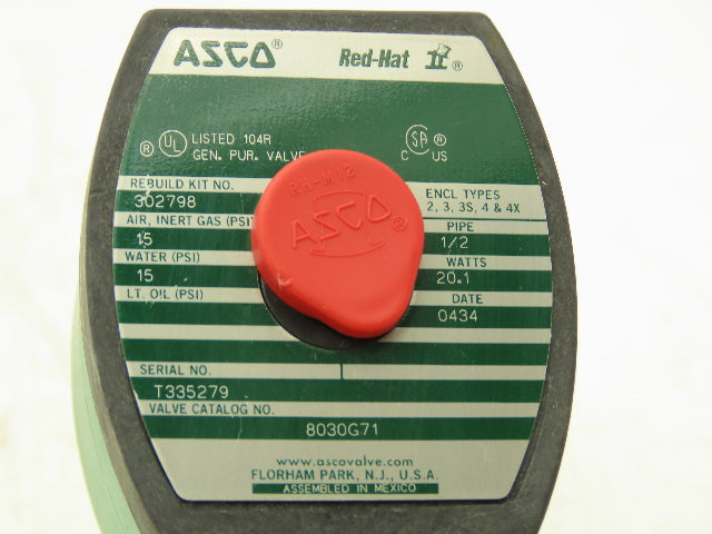 Asco Redhat 8030G71 Solenoid Valve 2 Way 15 PSI 1/2 NPT NO 120V