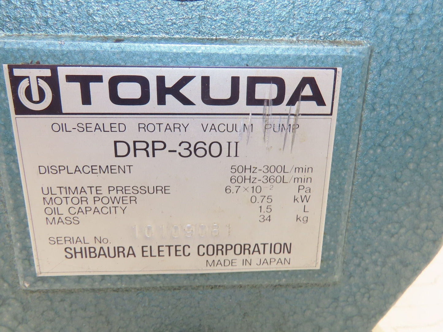 Tokuda DRP-360II Rotary Vane Vacuum Pump 360L/Min 1Hp 220V 3PH 6.7 x 10-2 Pa