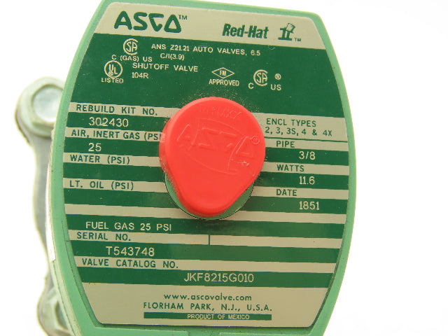 Asco Redhat JKF8215G010 Solenoid Valve 2-Way 25 PSI 3/8 NPT 24 NC VDC