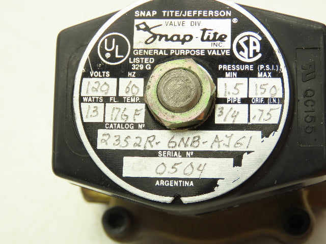 Snap-Tite 2352R-6NB-AJG1 Solenoid Valve 2 Way 150 PSI 3/4 NPT NC 120V Lot of 2