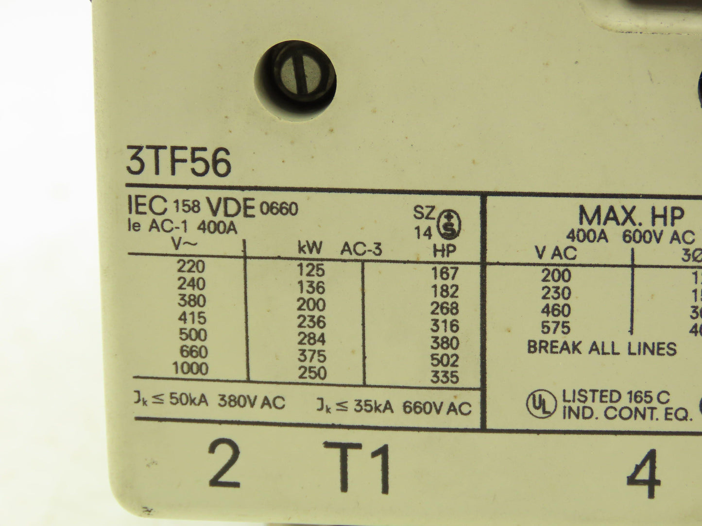 Siemens 3TF56 Motor Starter Contactor 400A-600VAC Max Size 5 120V Coil