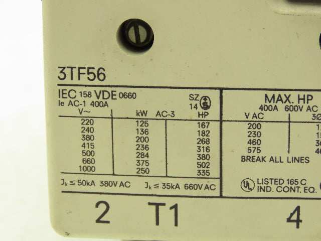 Siemens 3TF56 Motor Starter Contactor 400A-600VAC Max Size 5 120V Coil