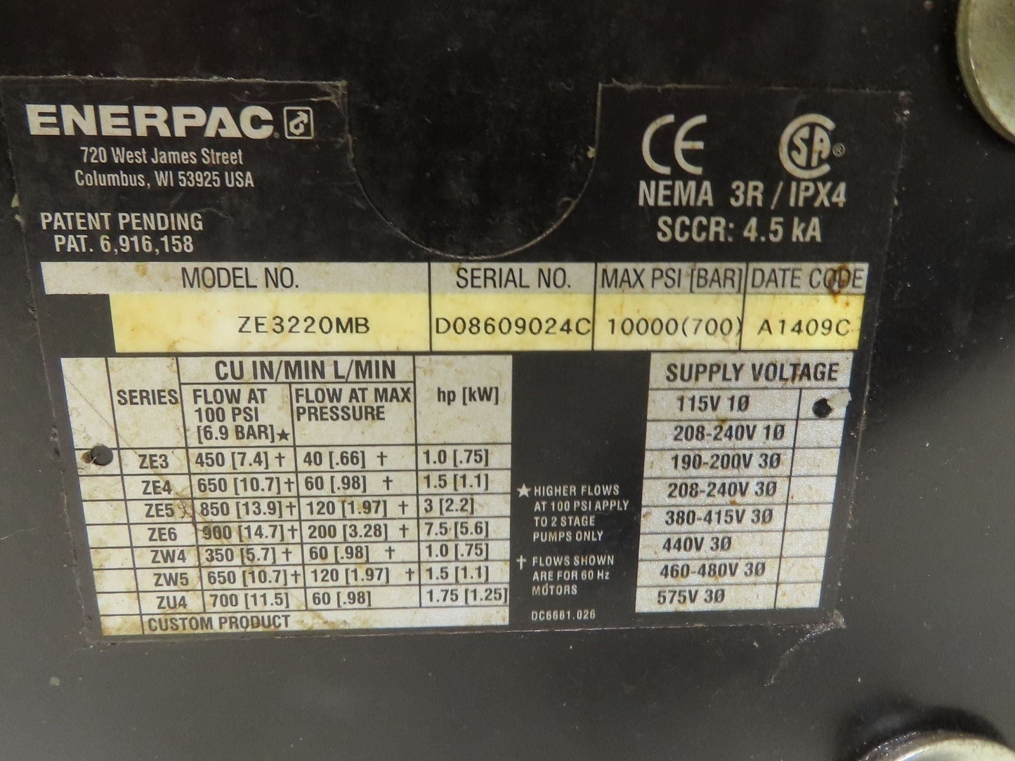 Enerpac ZE3220MB Hydraulic Pump 10000psi 1Hp 115V Oil Flow @ 100psi 450in³/Min