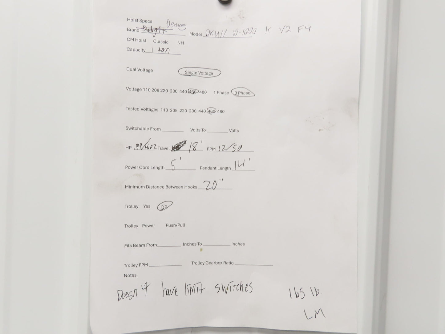 Demag DKUN 10-1000 2200 Lb 1 Ton Electric Chain Hoist 18' Lift 12/50 FPM 2 Speed