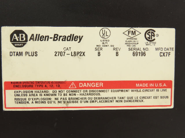 Allen Bradley 2707-L8P2X DTAM Plus HMI Control Panel Ser B Rev B