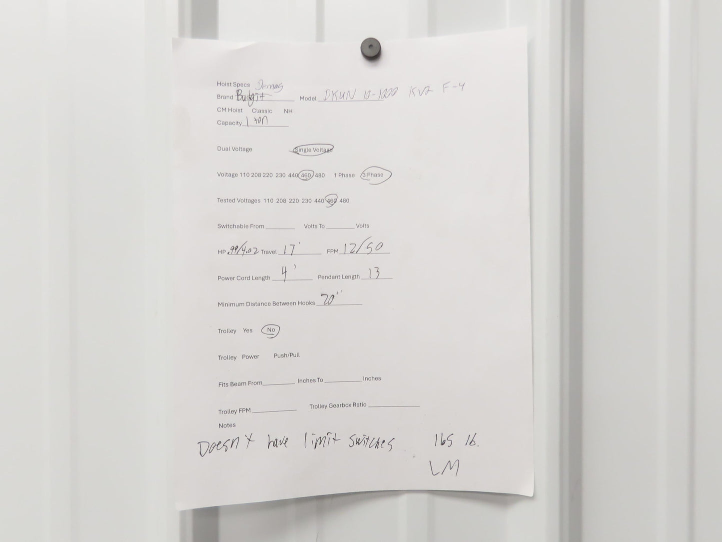 Demag DKUN 10-1000 2200 LB 1 Ton Electric Chain Hoist 17' Lift 12/50 FPM 460V