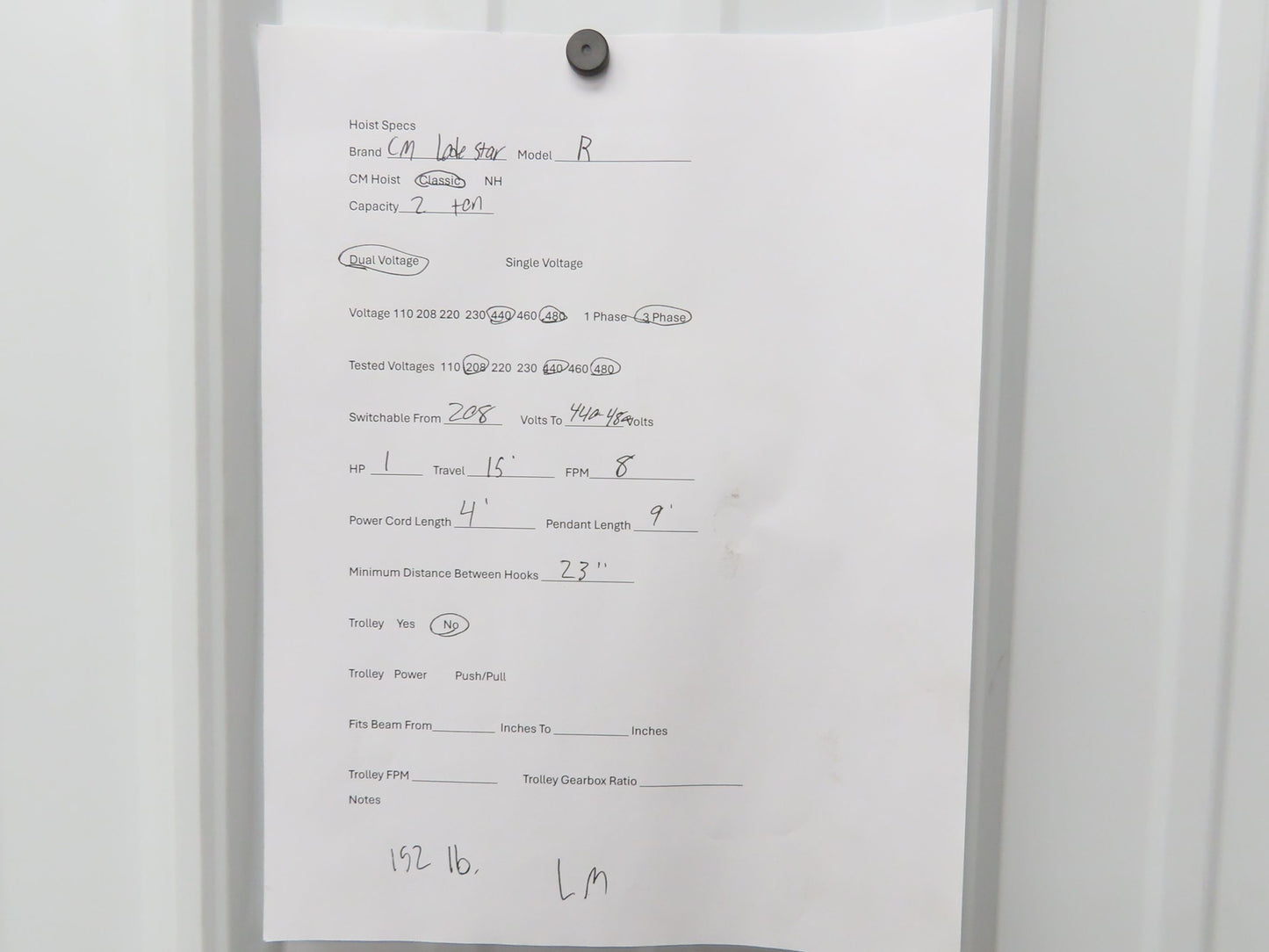 CM Lodestar R 2 Ton Electric Chain Hoist 15' Lift 8 FPM 230/460 Volt 3PH Tested