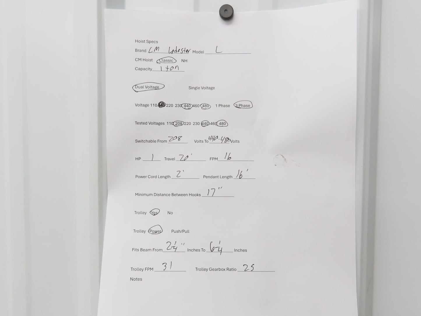 CM Lodestar L 1 Ton Electric Chain Hoist 20' Lift 16 FPM 635 Power Trolley 3PH