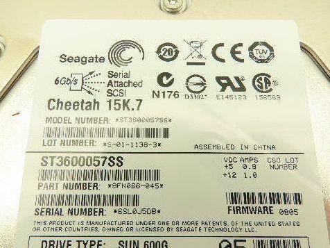 Sun/Seagate ST3600057SS Cheetah 15K.7 Hard Drive SAS 15k rpm 3.5" 600Gb F/W 0805