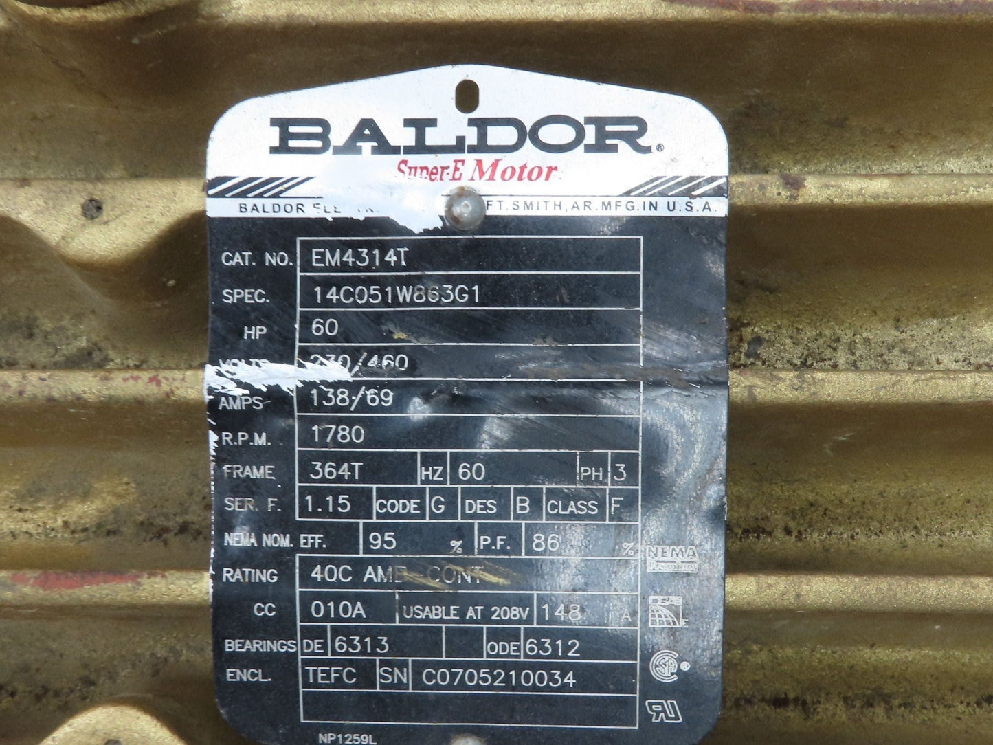 Baldor EM4314T Super-E AC Motor 60Hp 1750 RPM 138A 230/460V 3PH 364T Frame TEFC