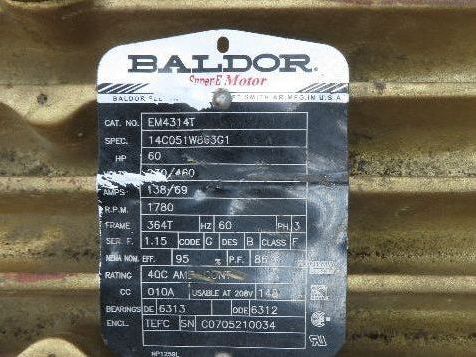 Baldor EM4314T Super-E AC Motor 60Hp 1750 RPM 138A 230/460V 3PH 364T Frame TEFC