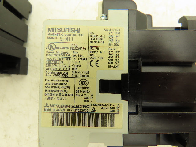 Mitsubishi Electric S-N11 Contactor 7.5Hp 20A 600VAC Lot of 3