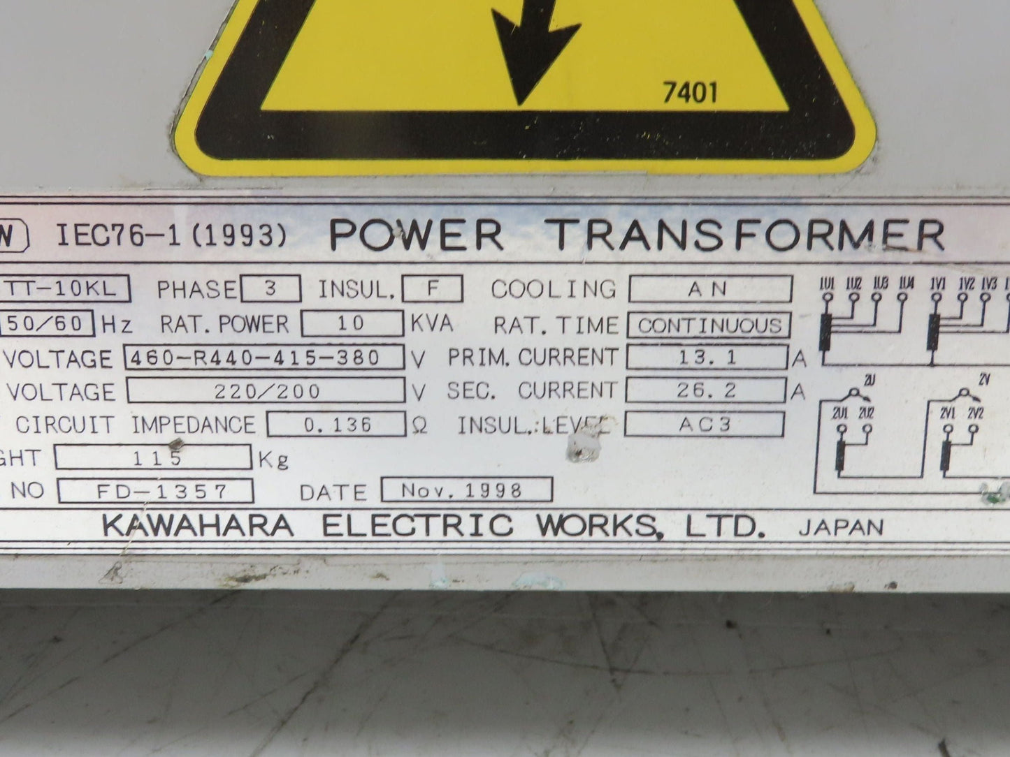 Kawahara TT-10KL Stepdown Transformer 10KVA 460/440/415/380 HV 220/200 LV 3ph