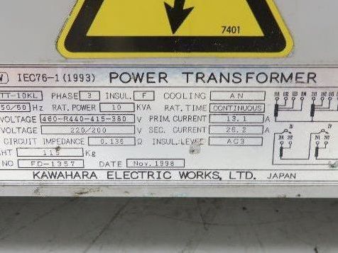 Kawahara TT-10KL Stepdown Transformer 10KVA 460/440/415/380 HV 220/200 LV 3ph